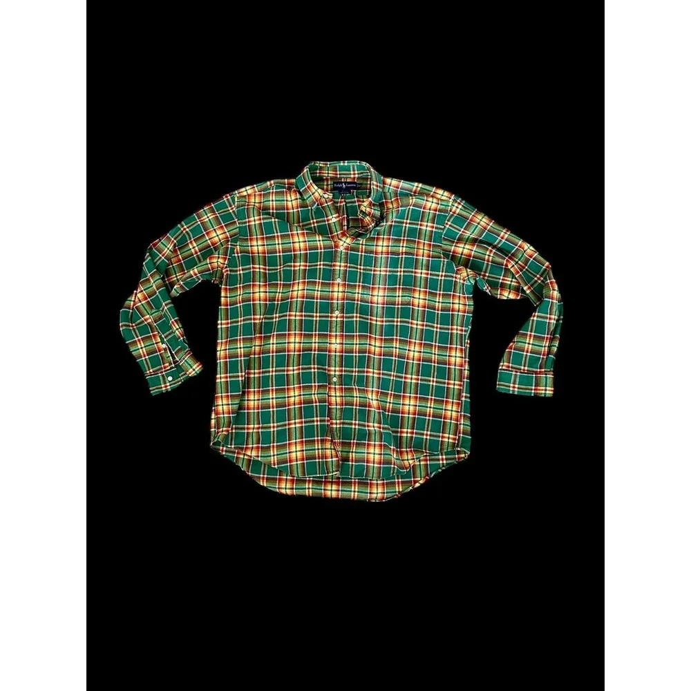 Ralph Lauren XXL Blake Long Sleeve Button Up‎ Plaid Green Orange 100% Cotton